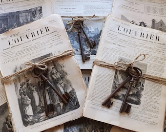 Antique French Journal Pages with Iron Keys: 1860s-70s Ephemera