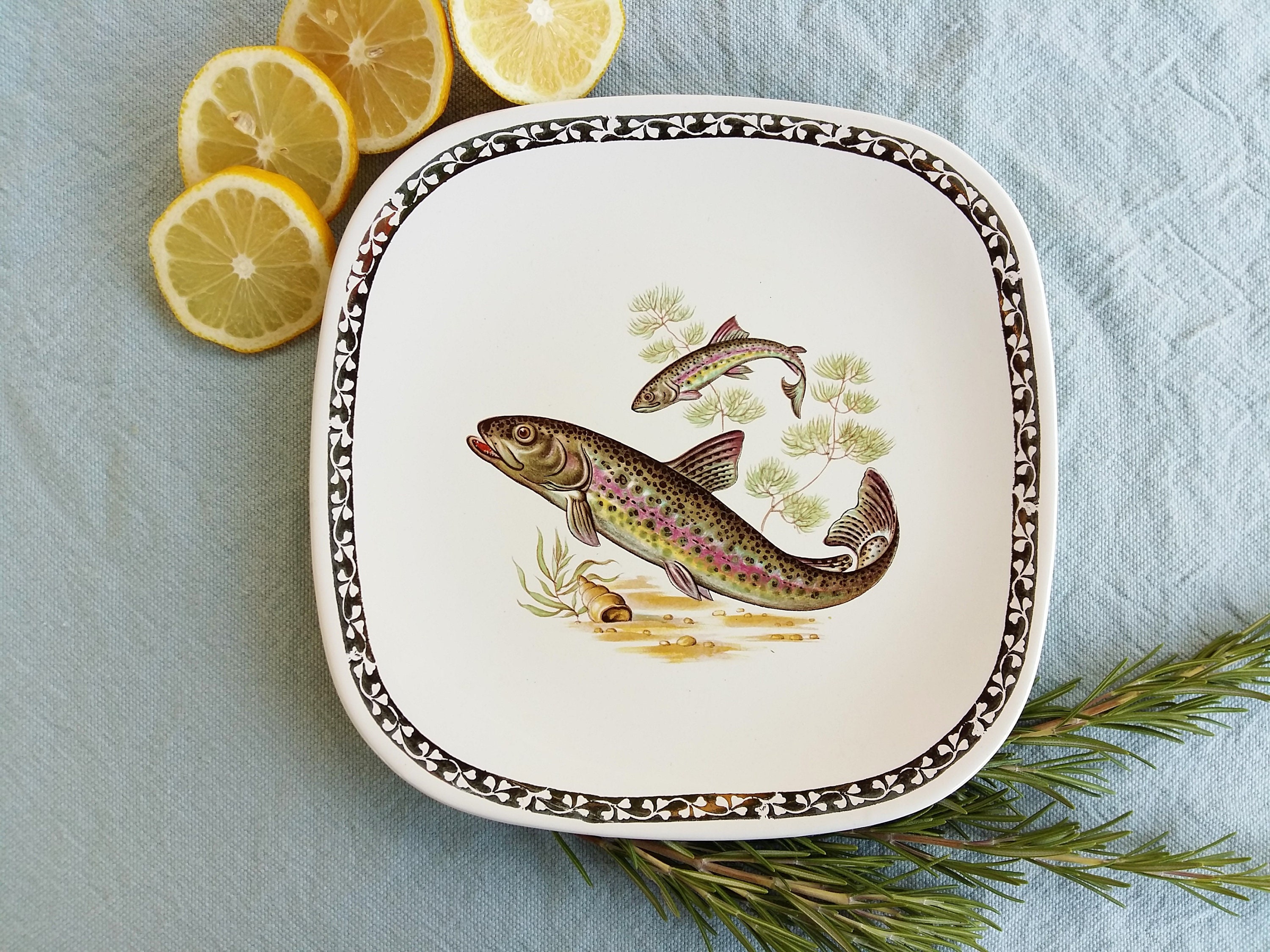 Fish Plates and Platter. Set of Six longchamp Fish Etsy