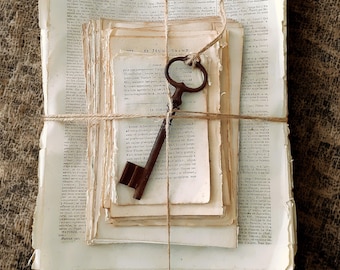 Antique French Book Page Bundle: 1800s Ephemera with Iron Key