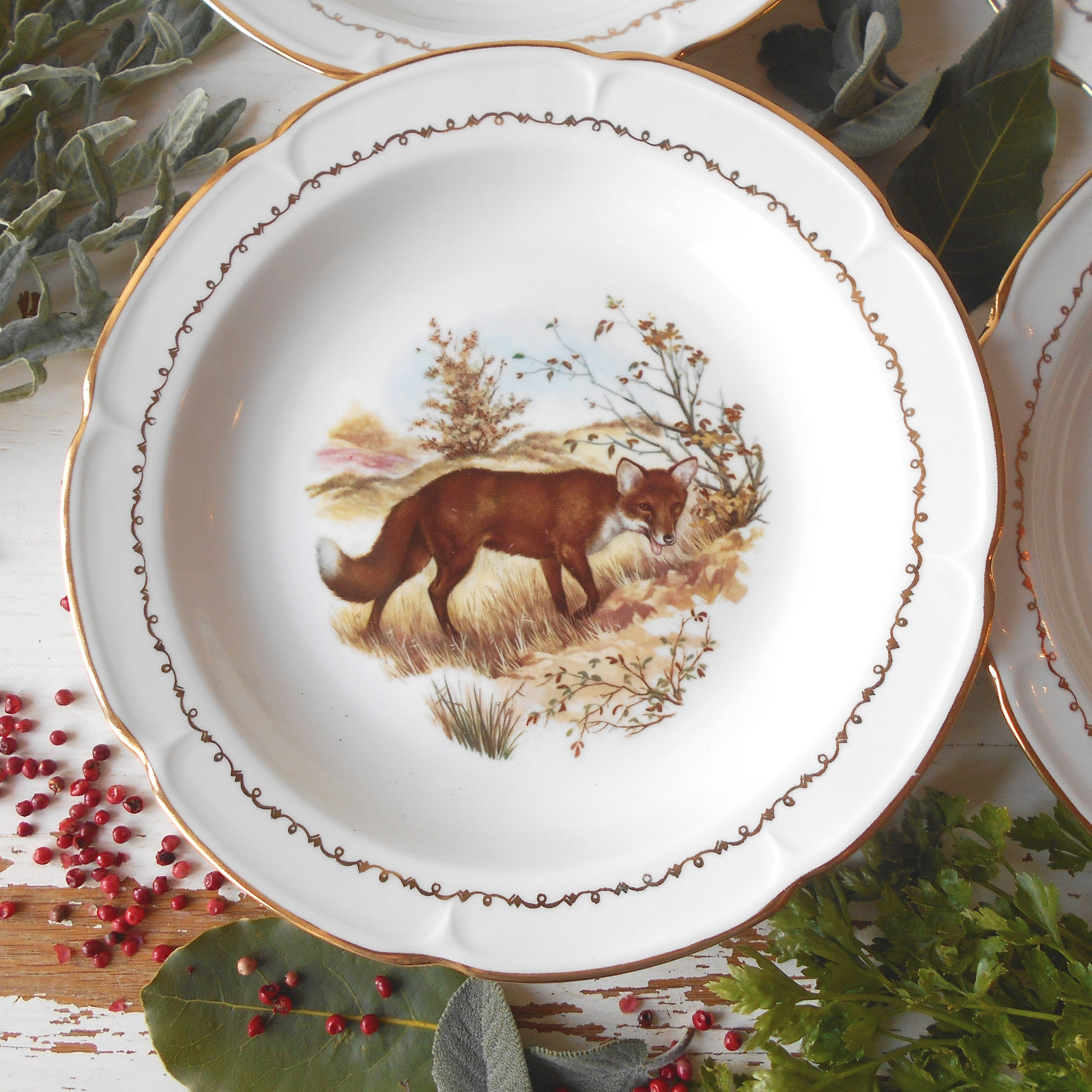 Set of Five Porcelain Game Hunting Bowls with Gilt Trim. Wild Etsy