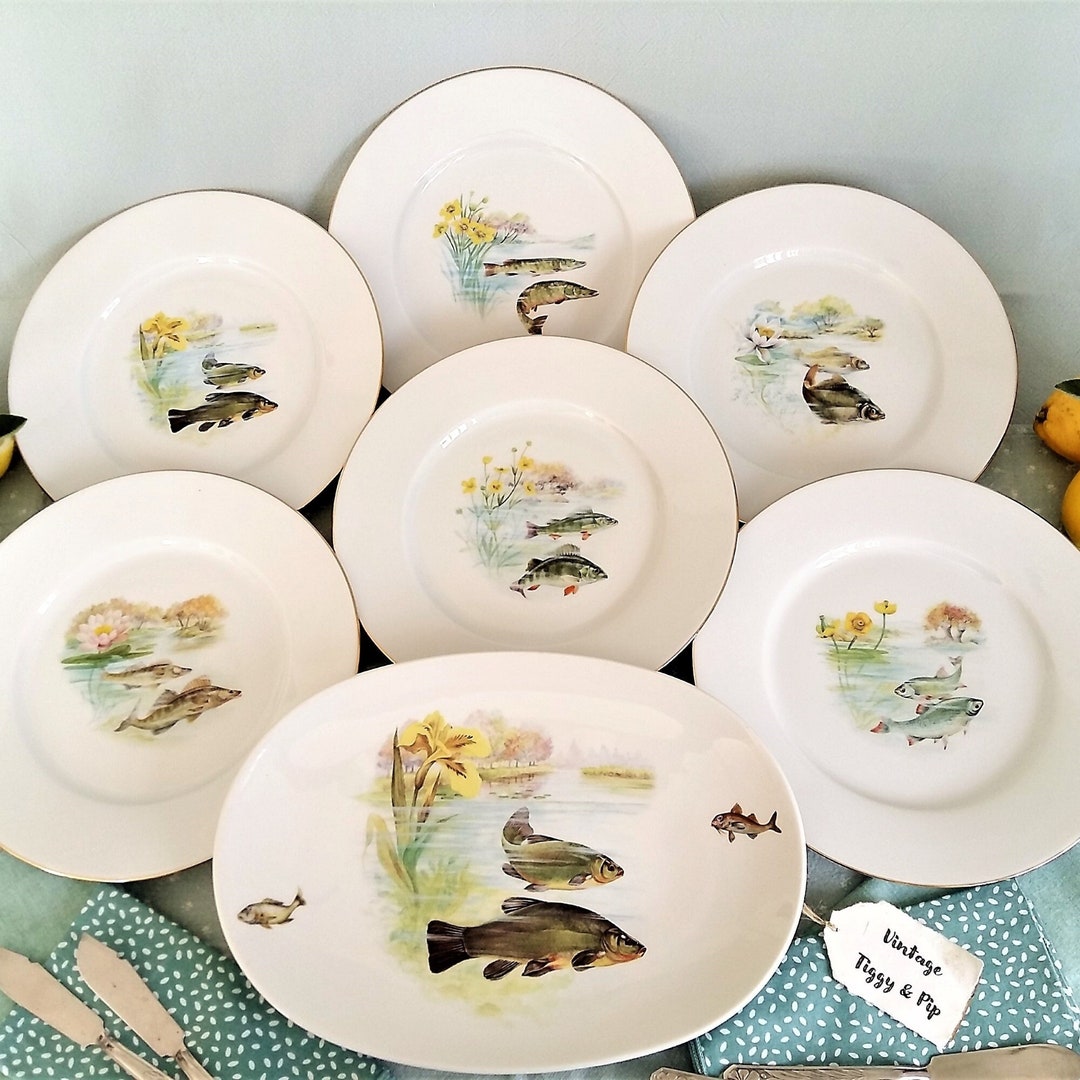 Limoges Porcelain Fish Dinnerware Set. Six, Large Fish Plates and