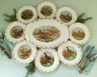 Game Bird Limoges Dinnerware Set. Full Set of 8 Limoges Porcelain Game Bird Plates and Platter. Pheasant, Partridge, Snipe & Grouse Designs.