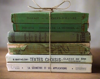 Antique French Green Book Stack: Vintage Diderot & Descartes Decor