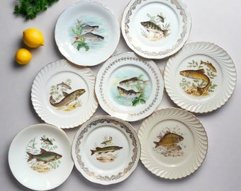 8 platos de pescado para mezclar y combinar. Vintage, Francés, Porcelana/ China Fina, Vajilla Shabby Chic. Platos de cena de pescado no coincidentes. Juego de platos de pescado