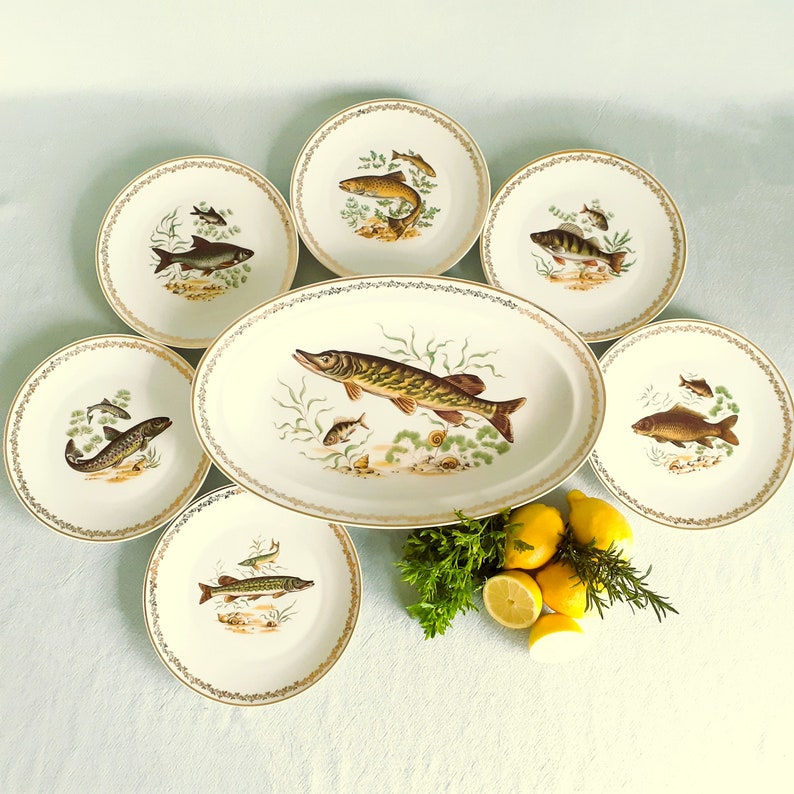 Limoges Fish Plate Set and Fish Platter. SIX Fish Plates and Serving Platter. Fish Dinner Plates. Limoges Dinnerware Set. Pike Platter by Tiggy and Pip