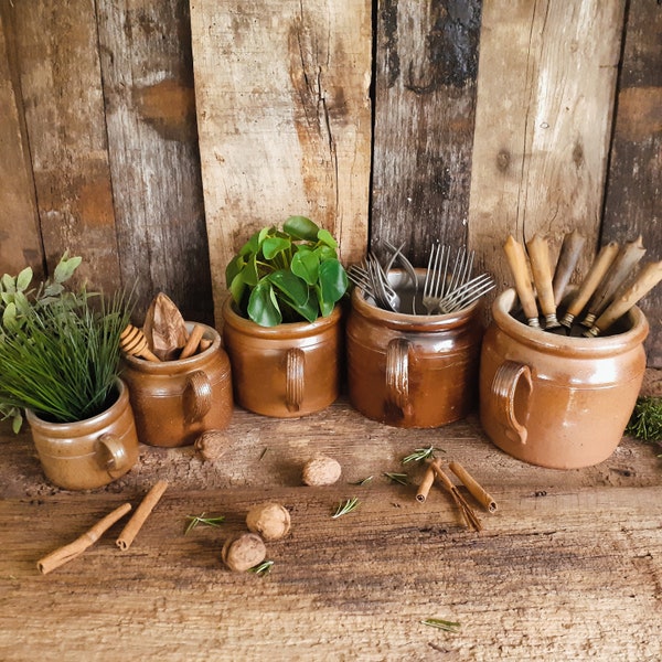 Confit Pot. SET OF FIVE . Antique Confit Pots. French Confit Jars. Stoneware Crock Pots. Kitchen Herb Planters. Utensil Storage Jars