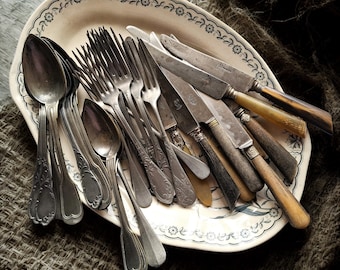 Antique Mismatched Cutlery Set: Early 1900s Bone, Antler & Wood Handles