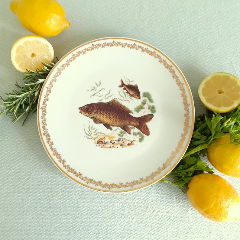 Limoges Fish Plate Set and Fish Platter. SIX Fish Plates and Serving Platter. Fish Dinner Plates. Limoges Dinnerware Set. Pike Platter by Tiggy and Pip