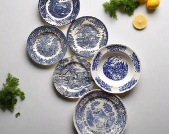 Mismatched Blue & White Transferware Plates: Vintage China Set of 6