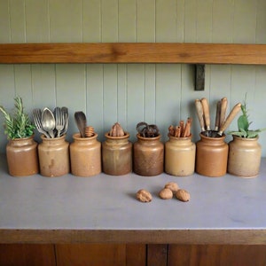 Set of 8 Vintage French Stoneware Mustard Crocks – Rustic Farmhouse Décor