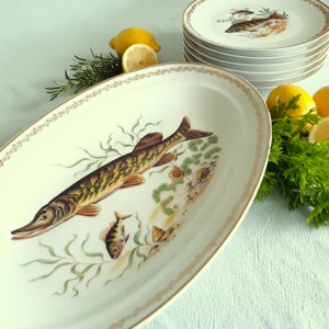 Limoges Fish Plate Set and Fish Platter. SIX Fish Plates and Serving Platter. Fish Dinner Plates. Limoges Dinnerware Set. Pike Platter by Tiggy and Pip