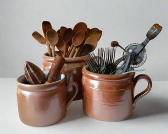 Set of 3 Stoneware Confit Pots. Apothecary Kitchen Utensils Storage Jars