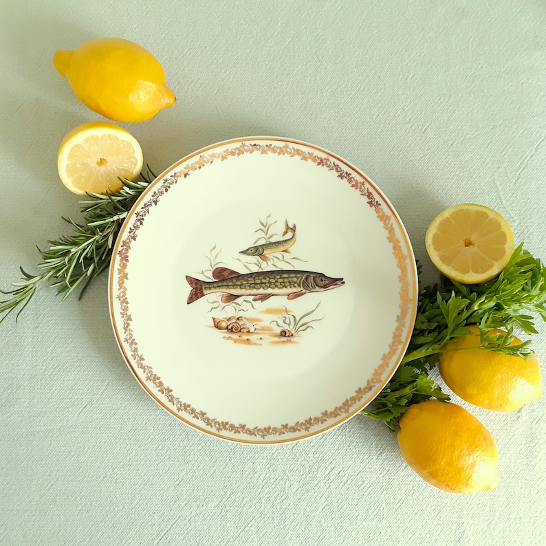 Limoges Fish Plate Set and Fish Platter. SIX Fish Plates and Serving Platter. Fish Dinner Plates. Limoges Dinnerware Set. Pike Platter by Tiggy and Pip