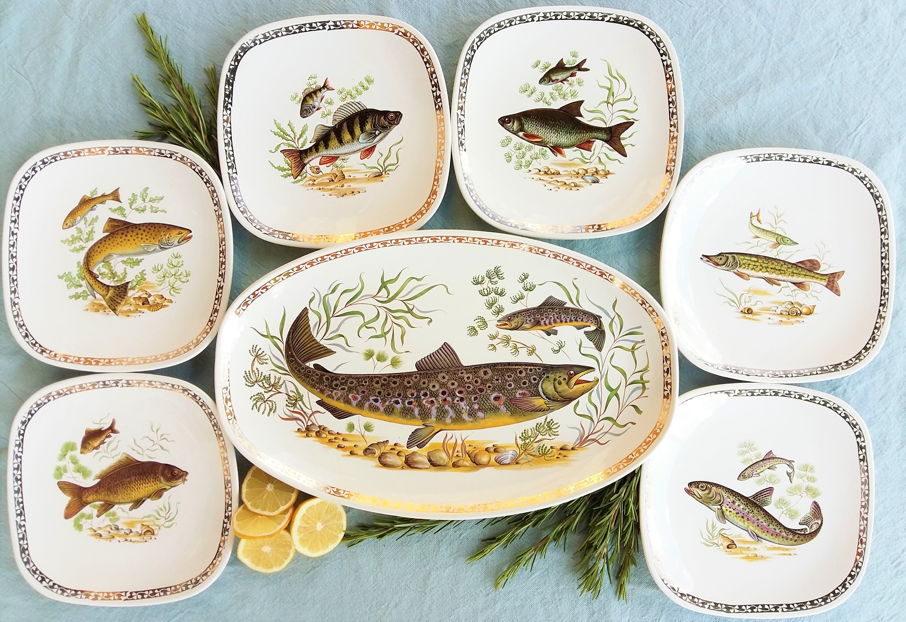 Assiettes et Plateaux de Poisson. Ensemble Six Assiettes Poisson Longchamp Plateau Assorti. Vaissell