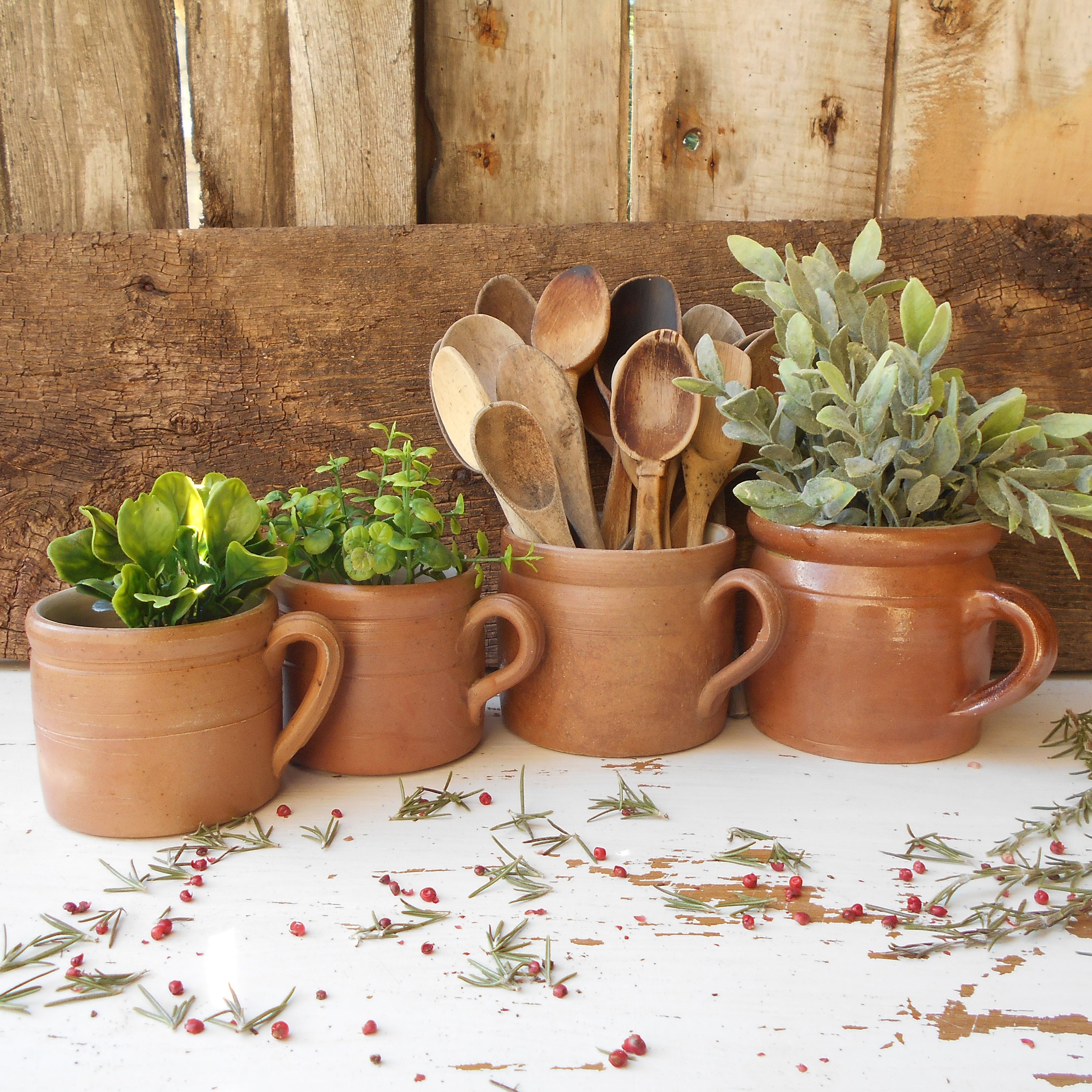 Ensemble de Quatre Pots Confits Français. Accent Cuisine Champêtre. Jardinières d'herbes Cuisine. Po