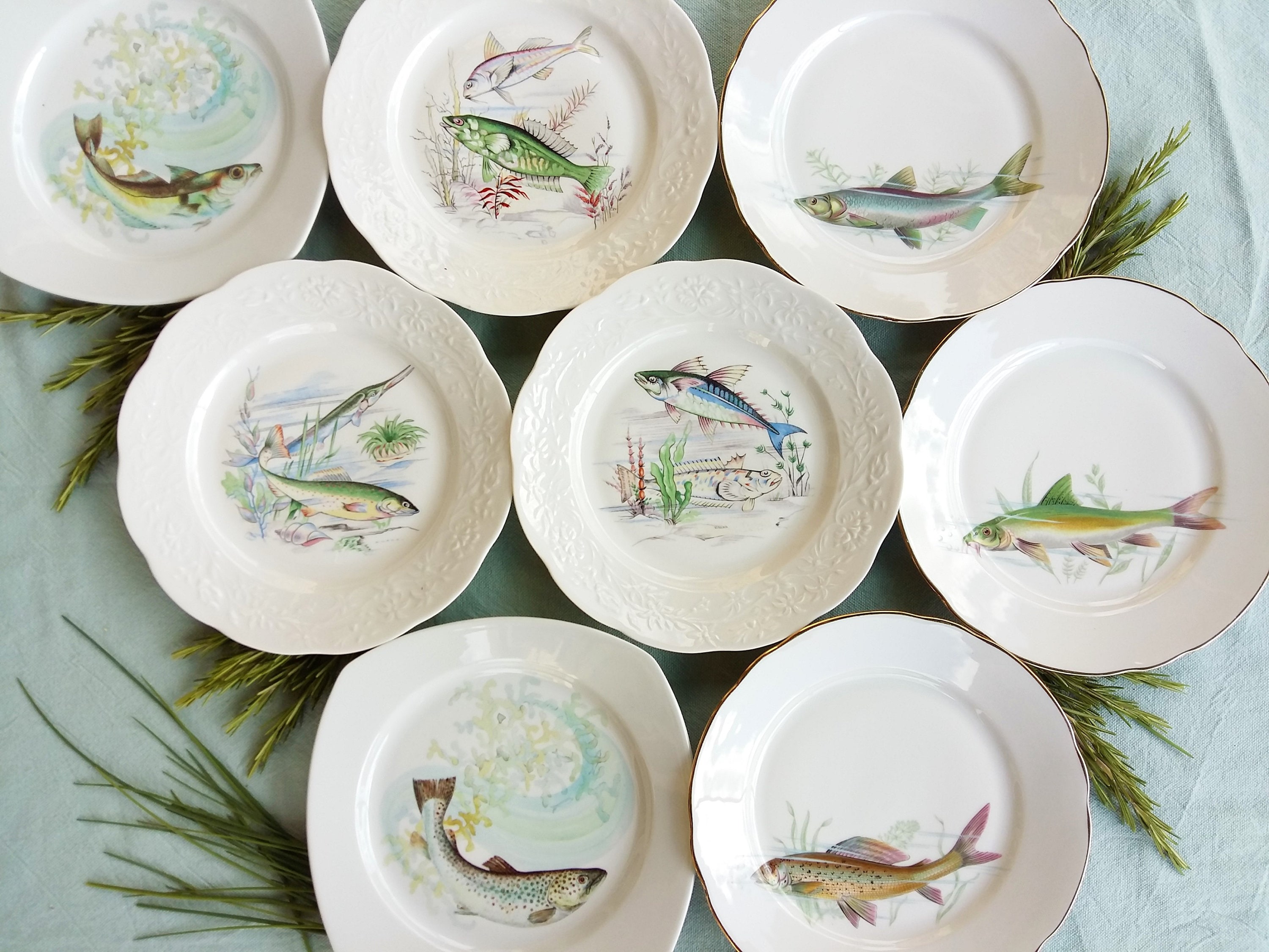 8 Mix and Match Fish Plates. French Porcelain/ Fine China Etsy