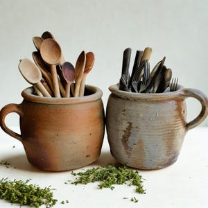 Two Antique French Confit Pots | Early 1900s Rustic Kitchen Utensil Holders | Herb Planters  French Farmhouse Décor | Country Style Pottery