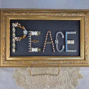 Framed Jewelry Art / &#39;Peace&#39; / Repurposed and Upcycled Vintage Jewelry