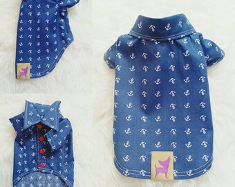 PETiRO &quot;ANCHORLY&quot; dog / cat unisex shirt with buttons and satin scarf. Gender neutral spring / summer nautical | maritime dog & cat shirt.