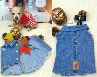 PETiRO "5 Stars" Dog Denim Jacket /Coat/vest. Unisex Upcycled dog denim vest / coat. Fashion Denim dog coat. Dog Jacket. Winter dog clothes.