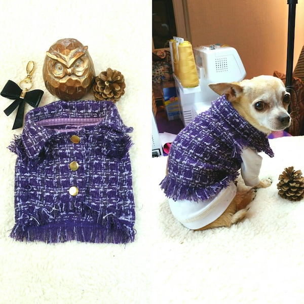 PETiRO "CHANELISH" fringed dog jacket |coat| vest. Unisex purple Tweed dog jacket. Designer dog coat | vest. Fashion & Stylish dog clothes.