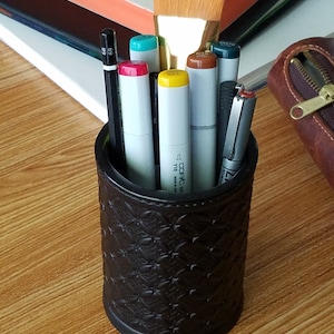 Leather pencil cup with stamped design - Leather dice cup - Desk accessory