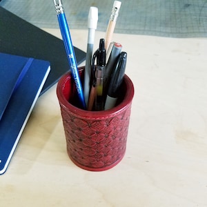 Leather pencil cup with stamped design - Leather dice cup - Desk accessory