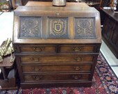 English Carved Oak Drop-Front Secretary Desk w Key