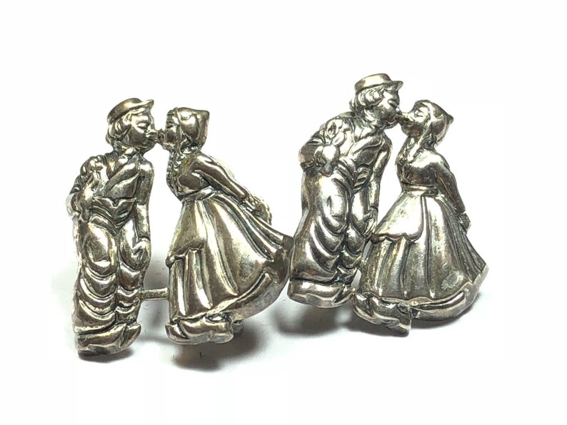 925 Sterling Silver Screwback Earrings Woman In Dress Kissing Man Hobo L@@K!