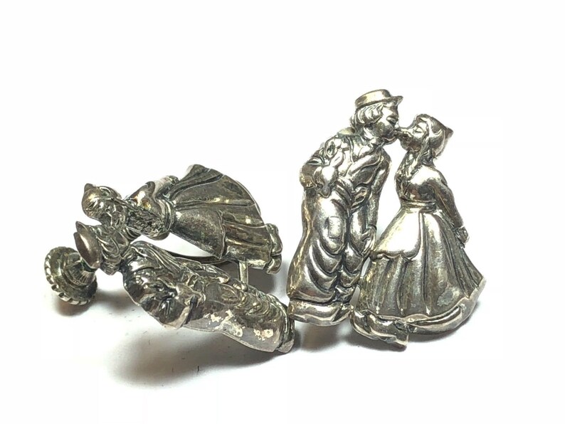 925 Sterling Silver Screwback Earrings Woman In Dress Kissing Man Hobo L@@K!