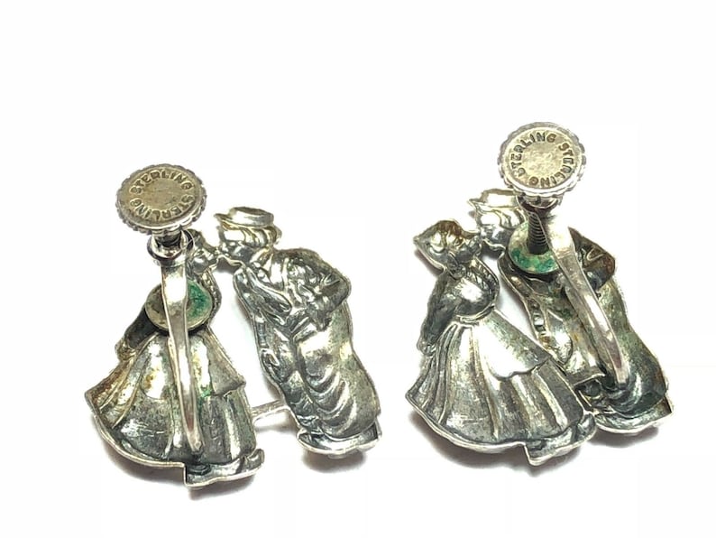 925 Sterling Silver Screwback Earrings Woman In Dress Kissing Man Hobo L@@K!