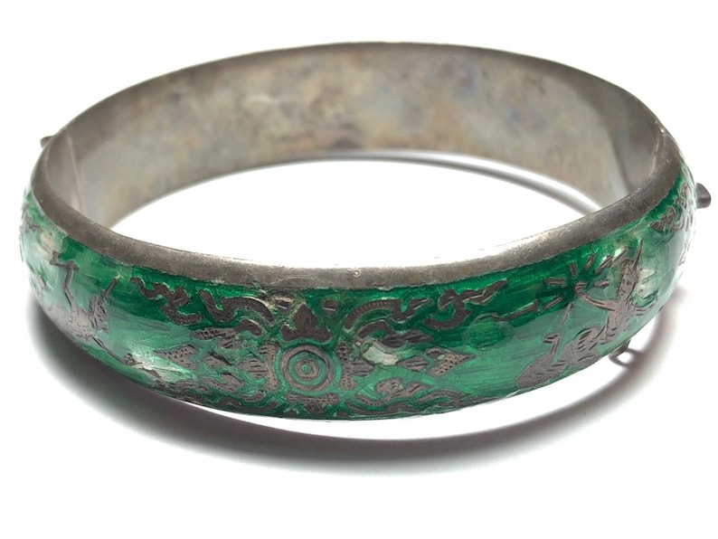 SIAM .925 Sterling Silver Green Enamel Bangle Bracelet w Clasp Must See!!!