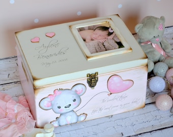 Big, wood baby memory box, personalized gift for newborn baby.