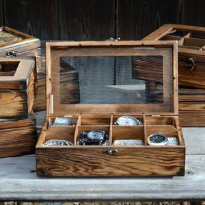 Boîte à montres en bois fait main – Vintage & Rustique,4-12 emplacements,Couvercle en verre ou Carte antique,Cadeau personnalisé pour hommes