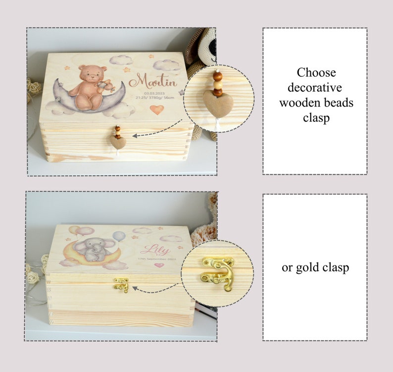 Gepersonaliseerde babygeheugendoos, natuurlijk houten babyherinneringsdoos, cadeau voor babtisme, nieuw babycadeau-idee afbeelding 5