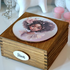 Personalised gift box for girl, birthday gift idea for girl, keepsake box, jewelry box, box with african american girl, fairy box zdjęcie 3