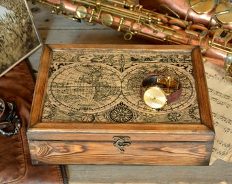 Personalized Wooden Watch Box, Map Design, Anniversary Gift, Watch Organizer