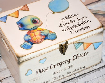 Custom baby keepsake box, Baby memory box, gift for Baptism, time capsule, baby box with cute turtle