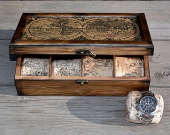 Handmade Wooden Watch Box, Map Design, Personalized Gift