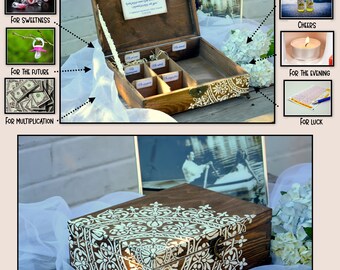 Gepersonaliseerde huwelijksgeschenkdoos met compartimenten en wensen, aangepaste houten kist met namen en datum, uniek en leuk huwelijksverrassingscadeau-idee