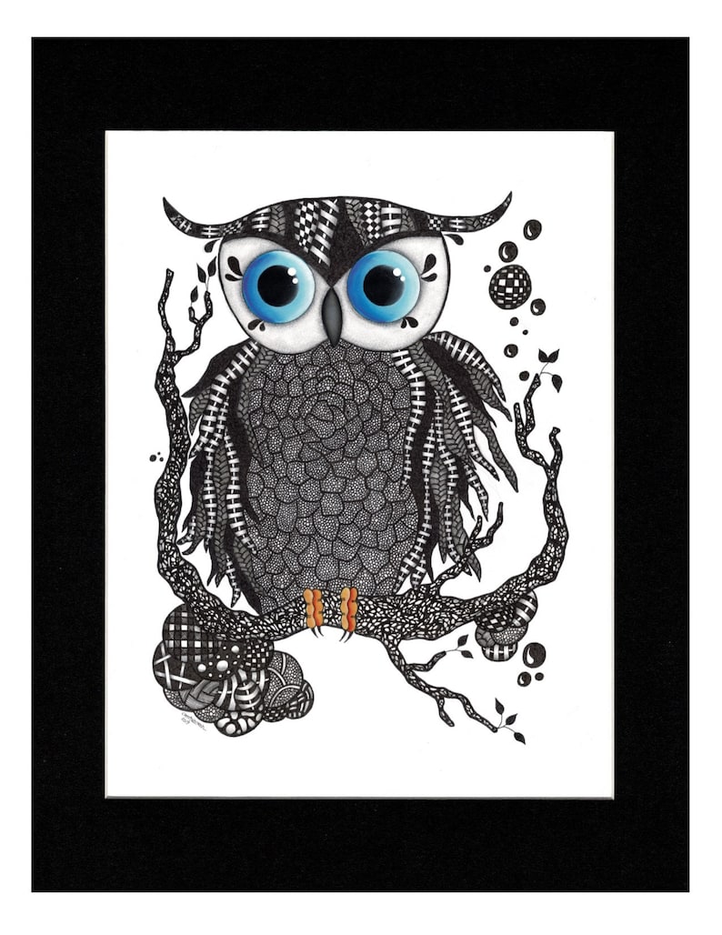 Owl Drawing; Original Pen and Acrylic Drawing Titled Blue Eyed Owl and Inkjet Prints and Note Cards