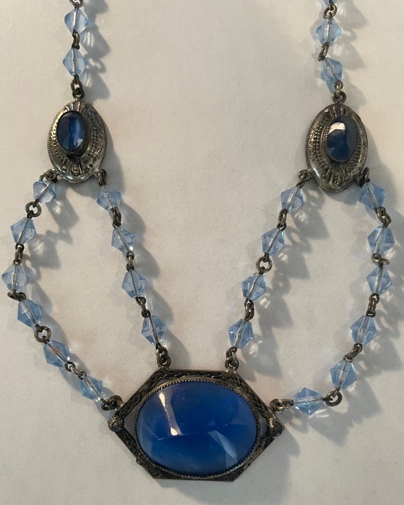 Vintage Blue Glass Choker with Double Beaded Chain
