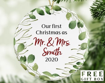 Mr and Mrs First Christmas Ornament - Just Married Wedding Keepsake & Bridal Shower Gift