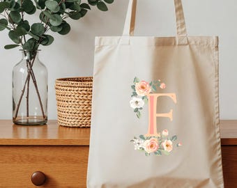 Floral Initial Canvas Tote Bag, Bridesmaid Gift