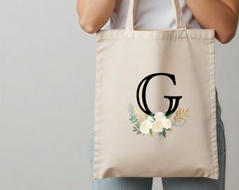 Floral Monogram Canvas Tote Bag, Personalized Gift