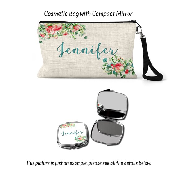 Floral Monogram Cosmetic Pouch with Black Logo Strap Personalized Linen Makeup Bag: Monogram Cosmetic Travel  main image 2