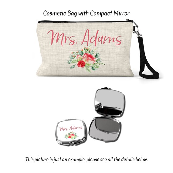 Floral Monogram Cosmetic Pouch with Black Logo Strap Personalized Linen Makeup Bag: Monogram Cosmetic Travel  main image 3