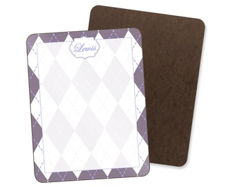 May include: A rectangular message board with a purple and white argyle pattern border and the name "Lewis" in a decorative font. The background is white with a diamond pattern. A second brown board is behind it. The text "Message Boards" is at the top.