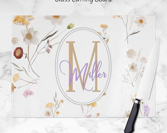 Personalized Tempered Glass Cutting Board, Floral Kitchen Decor