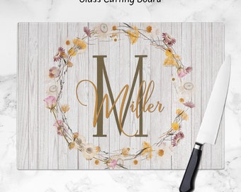 Personalized Glass Cutting Board, Floral Monogram Kitchen Decor